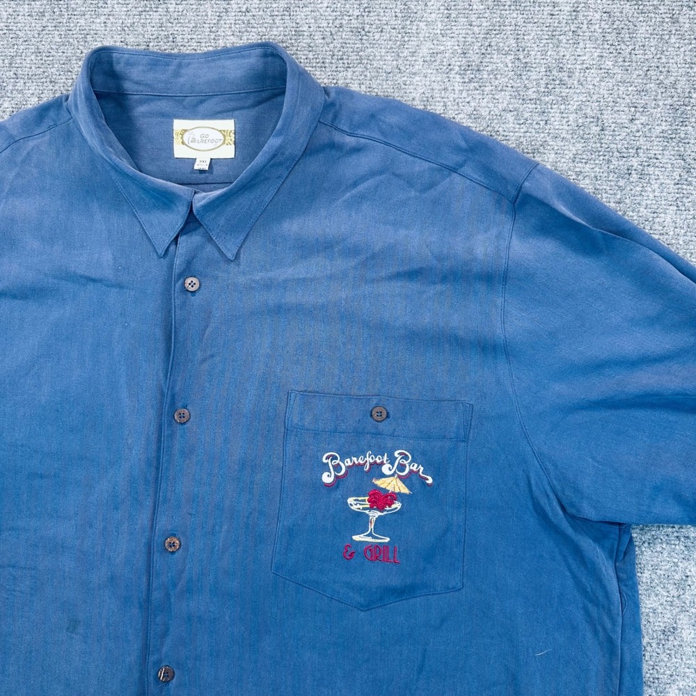 Go Barefoot Men's 3XL Blue Herringbone Barefoot Bar Grill Tropical Shirt Silk